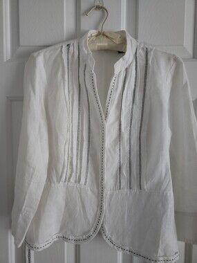 Ecologie White 100% Linen Button Up Shirt/Jacket with Blue Pinstripe Details